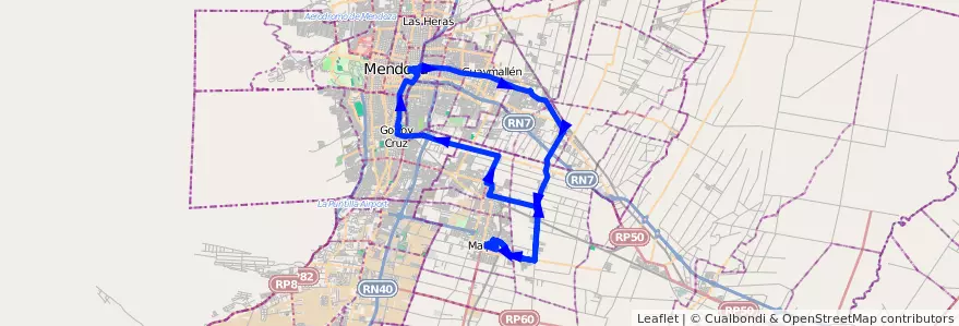 Mapa del recorrido 173 - Maipú - Zona Alcoholera - Rodriguez Peña - Rodeo de la Cruz de la línea G10 en Мендоса.