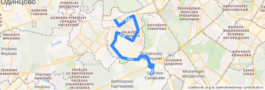 Mapa del recorrido Автобус 734: Метро "Саларьево" - Станция Солнечная de la línea  en Moskou.