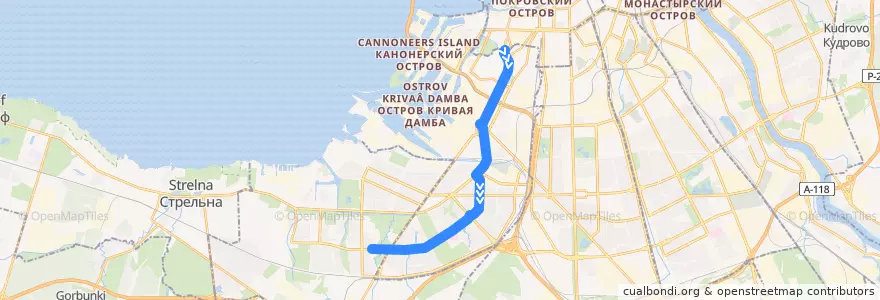 Mapa del recorrido Троллейбус № 20: площадь Стачек => Авангардная улица de la línea  en Кировский район.