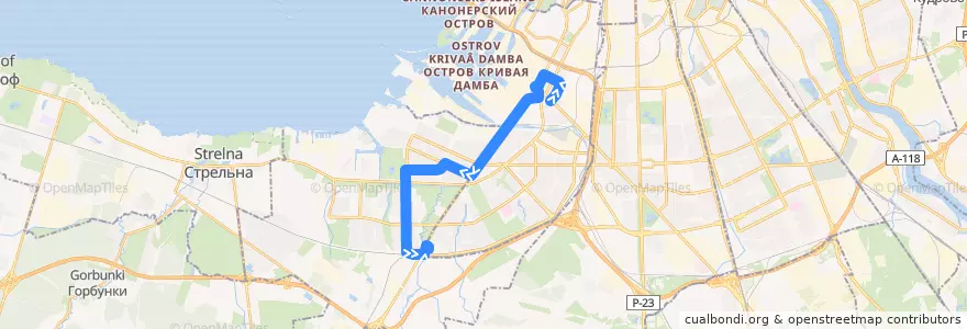 Mapa del recorrido Автобус № 111: улица Зайцева => ж/д станция «Лигово» de la línea  en Санкт-Петербург.