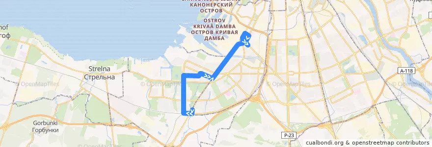 Mapa del recorrido Автобус № 111: ж/д станция «Лигово» => улица Зайцева de la línea  en Санкт-Петербург.