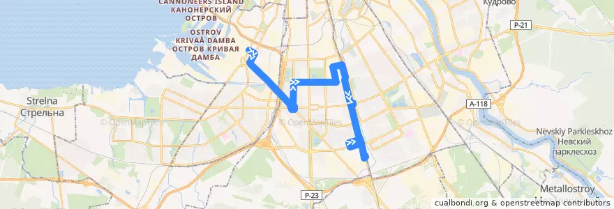 Mapa del recorrido Автобус № 72: станция метро «Кировский завод» => Звёздная улица de la línea  en Sankt Petersburg.