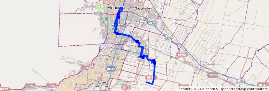 Mapa del recorrido 174 - Bº Amupa - Bº Tropero Sosa - Mendoza por Plaza Godoy Cruz - Tres Esquinas de la línea G10 en Mendoza.