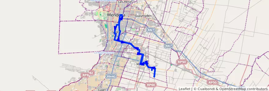 Mapa del recorrido 174 - Bº Amupe - Bº Tropero Sosa - Mendoza por Costanera de la línea G10 en Мендоса.