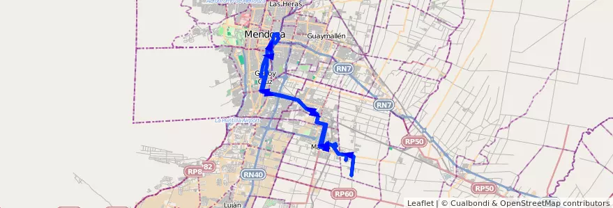 Mapa del recorrido 174 - Bº Amupe - Bº Tropero Sosa - Mendoza por Plaza Godoy Cruz de la línea G10 en Mendoza.