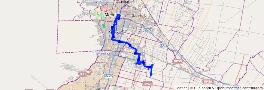Mapa del recorrido 174 - Bº Remedio Escalada - Bº Tropero Sosa - Maipú - Mendoza por Plaza Godoy Cruz de la línea G10 en Mendoza.