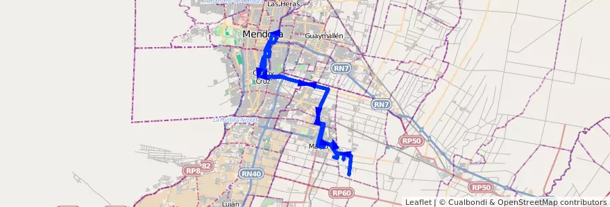 Mapa del recorrido 174 - Bº Tropero Sosa - Malcayaes - Mendoza por PLaza Godoy Cruz de la línea G10 en Mendoza.