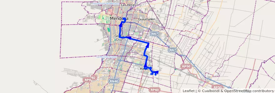 Mapa del recorrido 174 - Bº Tropero Sosa - Zona Industrial de la línea G10 en Mendoza.