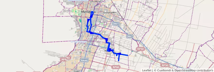 Mapa del recorrido 174 - Castro Barros - Bº Tropero Sosa - Mendoza por Costanera de la línea G10 en Mendoza.