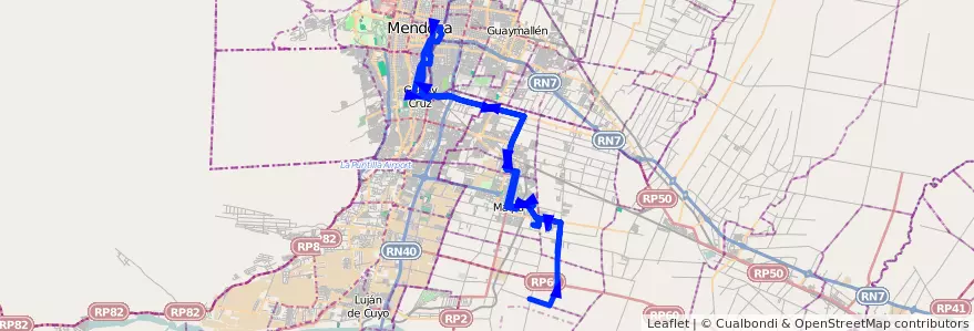 Mapa del recorrido 174 - Tres Esquinas - Bº Tropero Sosa - Malcayaes - Mendoza por Plaza Godoy Cruz de la línea G10 en Мендоса.