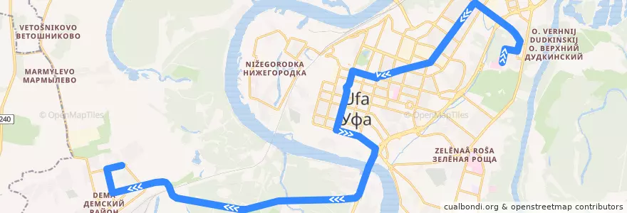 Mapa del recorrido Автобус № 257к: 21 Больница => Дагестанская de la línea  en городской округ Уфа.