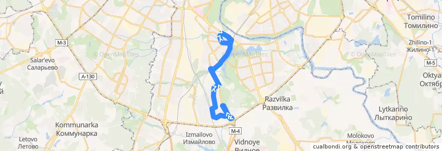 Mapa del recorrido Автобус 289: Загорье - Ст. МЦД Москворечье de la línea  en Южный административный округ.