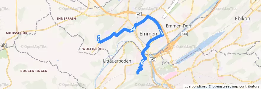 Mapa del recorrido Bus 42: Emmenbrücke, Schönbühl => Reusbühl, Waldstrasse de la línea  en Emmen.