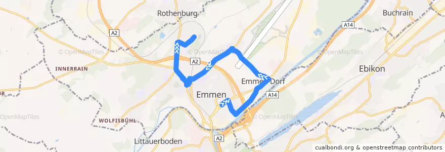 Mapa del recorrido Bus 44: Emmenbrücke, Emmen Center => Emmenbrücke, Benziwil West via Sedelstrasse, Gersag, Sprengi de la línea  en Emmen.