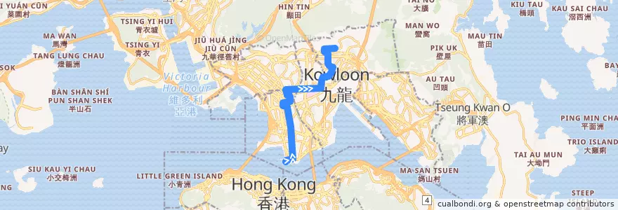 Mapa del recorrido Bus 1 (Tsim Sha Tsui Ferry Pier → Chuk Yuen Estate) de la línea  en Kowloon.