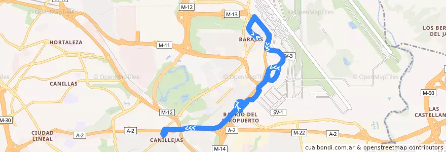 Mapa del recorrido Bus 101: Barajas → Canillejas de la línea  en Madrid.