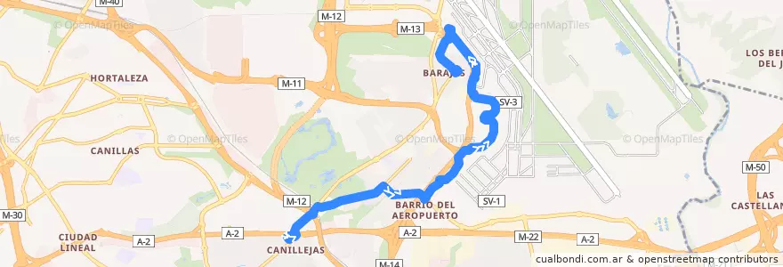 Mapa del recorrido Bus 101: Canillejas → Barajas de la línea  en Madrid.