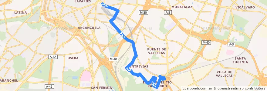Mapa del recorrido Bus 102: Atocha → Estación El Pozo de la línea  en Madrid.