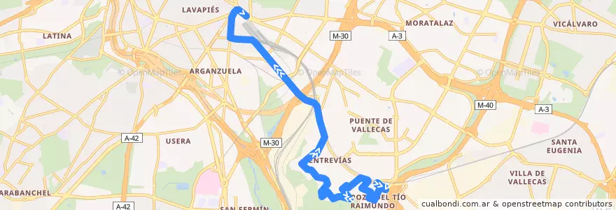 Mapa del recorrido Bus 102: Estación El Pozo → Atocha de la línea  en 마드리드.