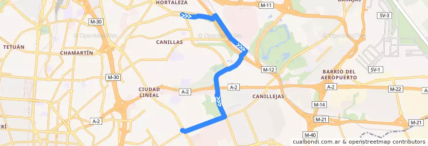 Mapa del recorrido Bus 104: Mar de Cristal → Ciudad Lineal de la línea  en Madrid.