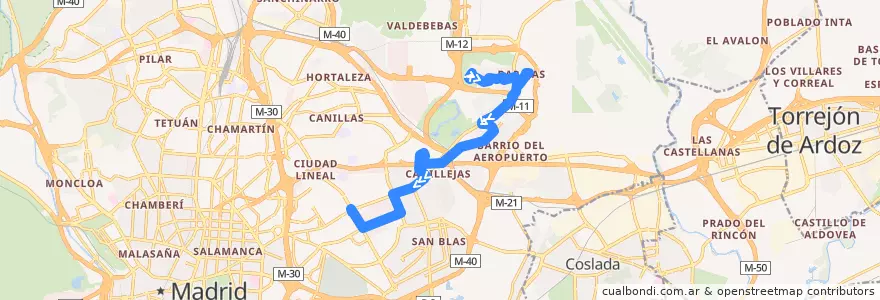 Mapa del recorrido Bus 105: Barajas → Ciudad Lineal de la línea  en Madrid.