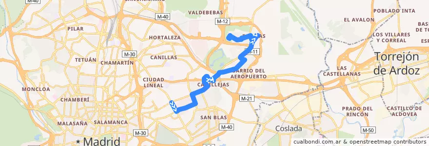 Mapa del recorrido Bus 105: Ciudad Lineal → Barajas de la línea  en Madrid.
