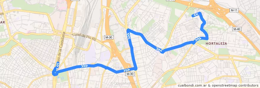 Mapa del recorrido Bus 107: Plaza Castilla → Hortaleza de la línea  en 마드리드.