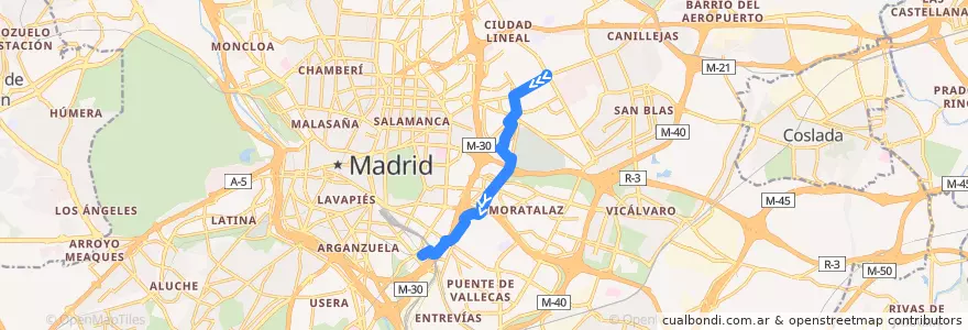 Mapa del recorrido Bus 113: Ciudad Lineal → Méndez Álvaro de la línea  en Madrid.