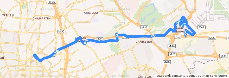 Mapa del recorrido Bus 114: Bº Aeropuerto → Avenida América de la línea  en Madrid.