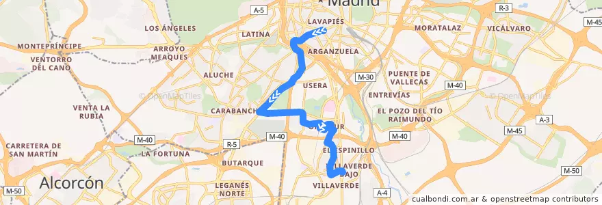 Mapa del recorrido Bus 116: Embajadores → Villaverde Cruce de la línea  en 마드리드.