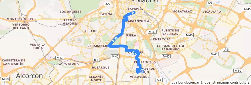 Mapa del recorrido Bus 116: Villaverde Cruce → Embajadores de la línea  en 마드리드.
