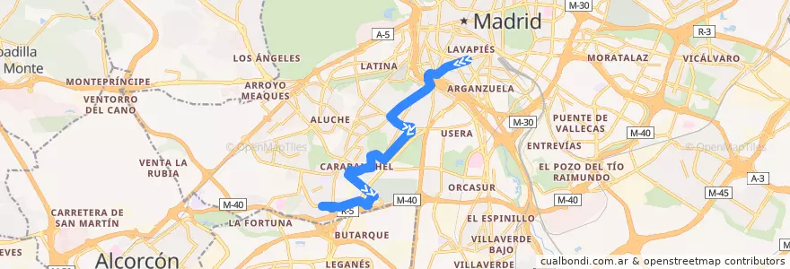 Mapa del recorrido Bus 118: Embajadores → La Peseta de la línea  en Madrid.