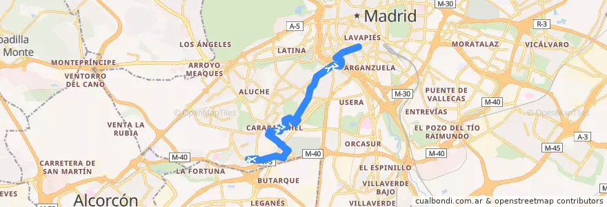 Mapa del recorrido Bus 118: La Peseta → Embajadores de la línea  en Área metropolitana de Madrid y Corredor del Henares.