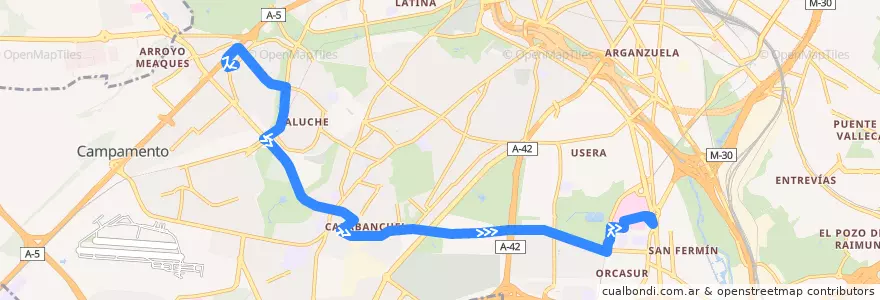 Mapa del recorrido Bus 121: Campamento → Hospital 12 Octubre de la línea  en Madrid.