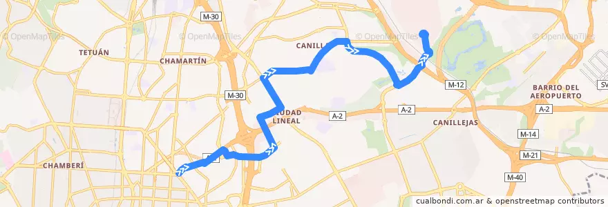 Mapa del recorrido Bus 122: Avenida América → Campo Naciones de la línea  en Madrid.