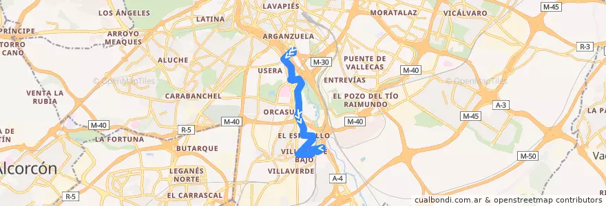Mapa del recorrido Bus 123: Legazpi → Villaverde Bajo de la línea  en Madrid.