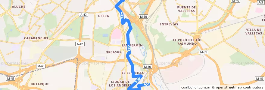 Mapa del recorrido Bus 123: Villaverde Bajo → Legazpi de la línea  en Madrid.