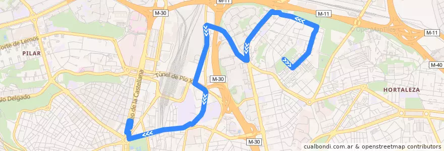 Mapa del recorrido Bus 129: Manoteras → Plaza Castilla de la línea  en Madrid.