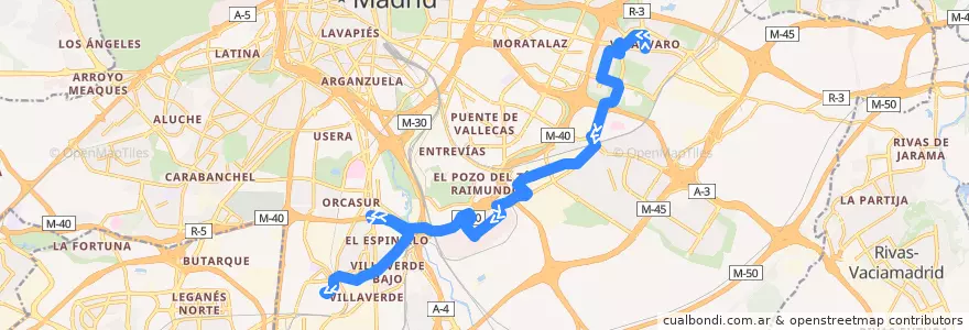 Mapa del recorrido Bus 130: Vicálvaro → Villaverde Alto de la línea  en مدريد.