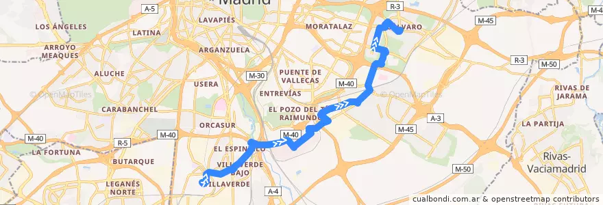 Mapa del recorrido Bus 130: Villaverde Alto → Vicálvaro de la línea  en Madrid.