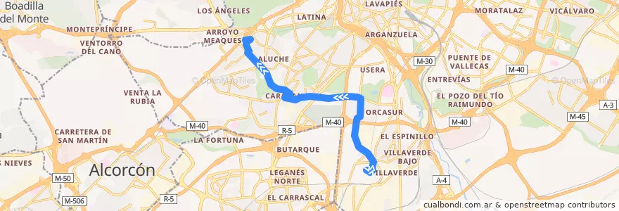 Mapa del recorrido Bus 131: Villaverde Alto → Campamento de la línea  en Madrid.