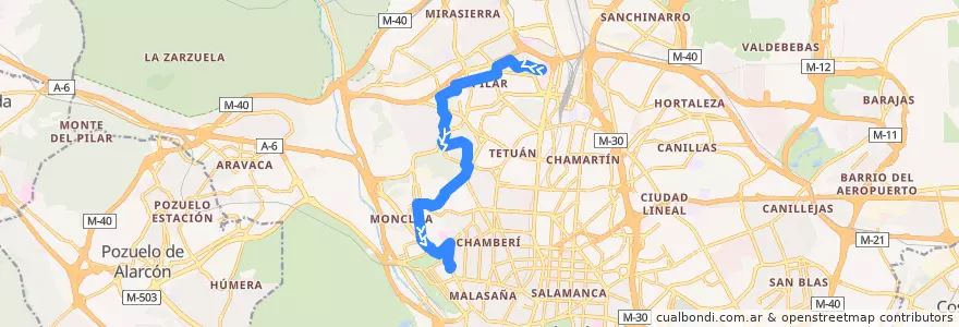 Mapa del recorrido Bus 132: Hospital La Paz → Moncloa de la línea  en Madrid.