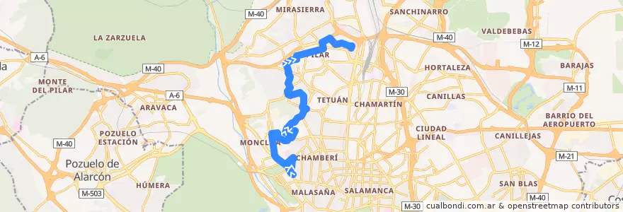 Mapa del recorrido Bus 132: Moncloa → Hospital La Paz de la línea  en Madrid.