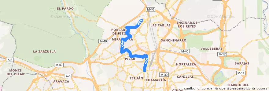 Mapa del recorrido Bus 134: Montecarmelo → Plaza Castilla de la línea  en Madrid.