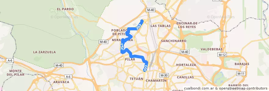 Mapa del recorrido Bus 134: Plaza Castilla → Montecarmelo de la línea  en Madrid.