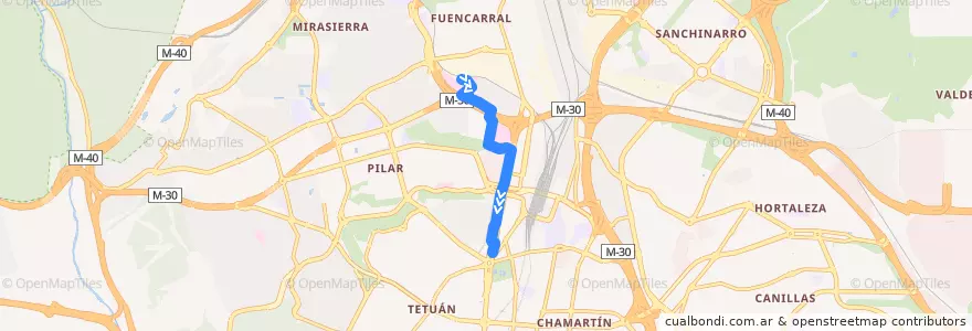 Mapa del recorrido Bus 135: H. Ramón y Cajal → Plaza Castilla de la línea  en Madrid.