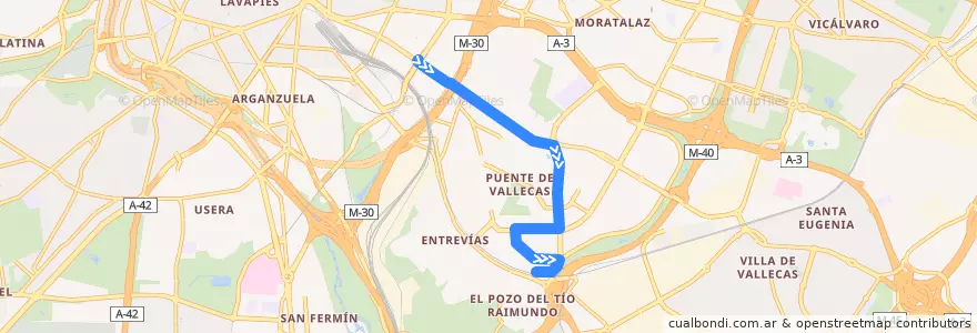 Mapa del recorrido Bus 136: Pacífico → Madrid Sur de la línea  en Madrid.