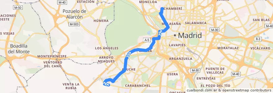 Mapa del recorrido Bus 138: San Ignacio → Cristo Rey de la línea  en Madrid.