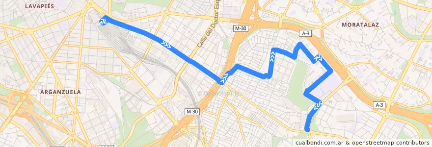 Mapa del recorrido Bus 141: Atocha → Buenos Aires de la línea  en مدريد.