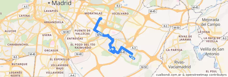 Mapa del recorrido Bus 142: Ensanche Vallecas → Pavones de la línea  en Madrid.